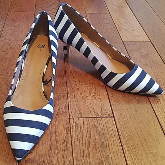 navy blue and white striped heels